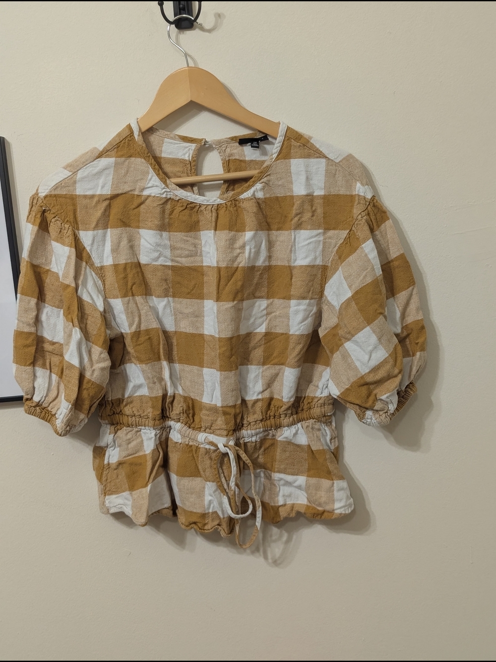 Checked Peplum Tie-Waist Puff Sleeve Top - Mustard/White 55% LINEN